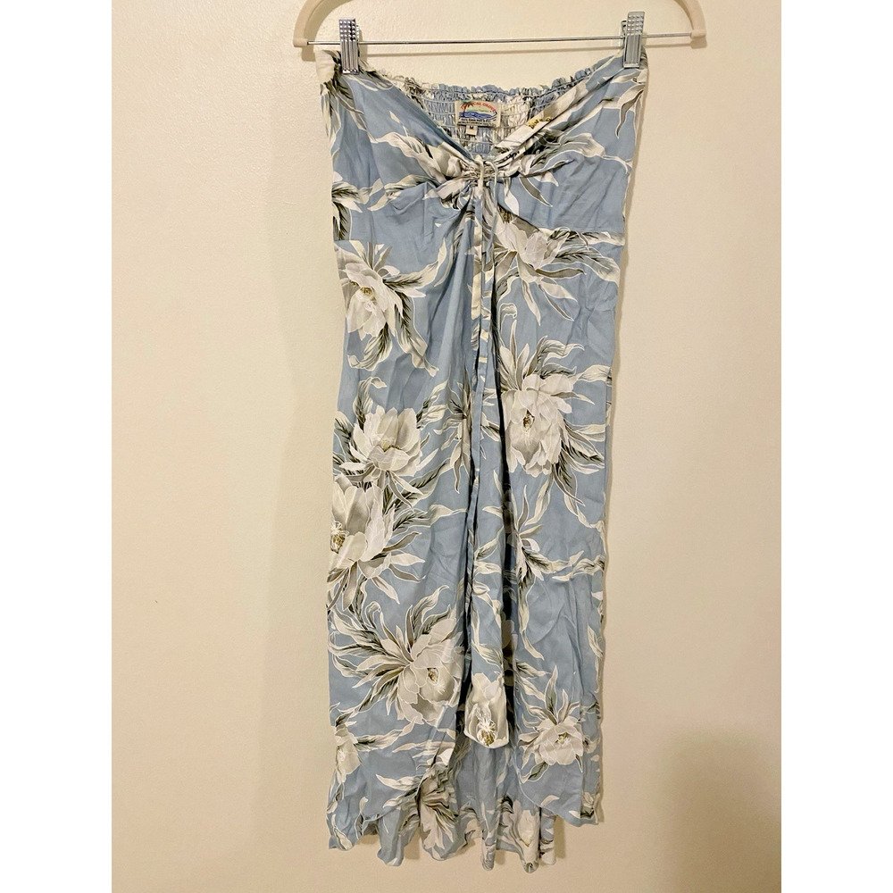 Vtg Tropical Group Smocked Floral Strapless Halter Dress M Luau Resort Hawaiian‎